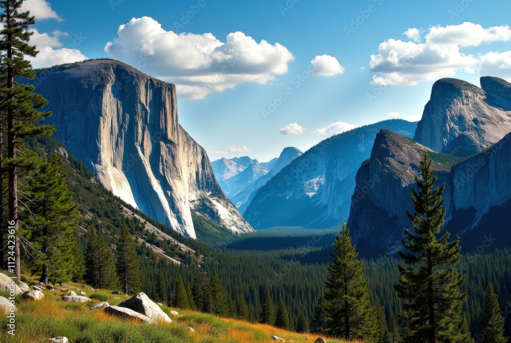 A scenic view of Yosemite National Park with Yosemite Valley in the background. A scenic view of Yosemite National Park with Yosemite Valley in the background.