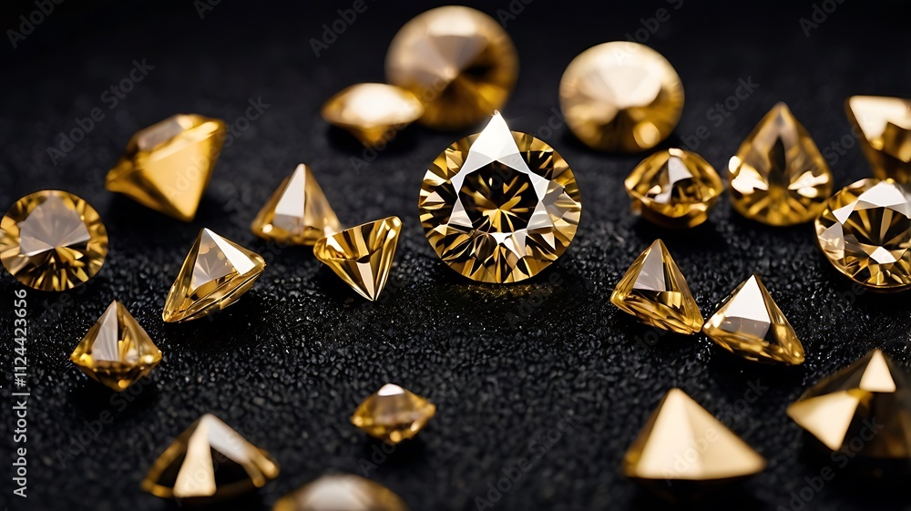 Sparkling Golden Gemstones Glimmering On Black Surface Sparkling Golden Gemstones Glimmering On Black Surface