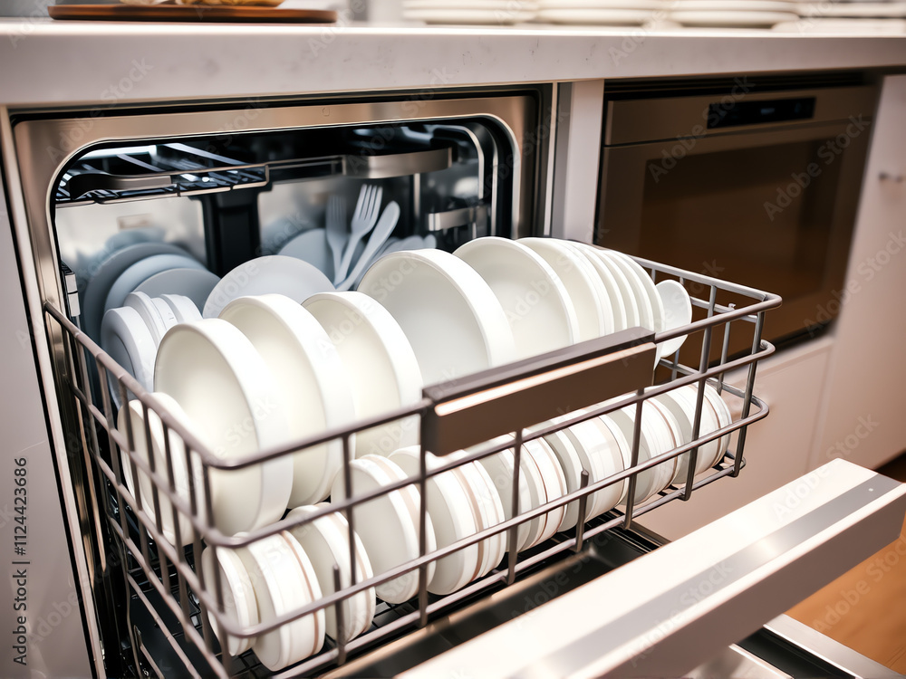 A dishwasher filled with numerous plates, showcasing a clean and organized interior ready for washing. A dishwasher filled with numerous plates, showcasing a clean and organized interior ready for washing.