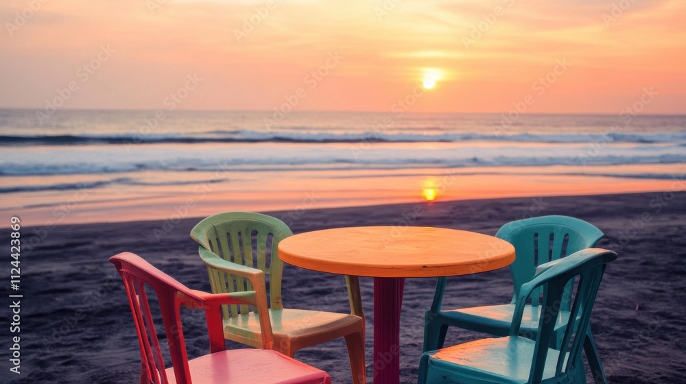 Fototapeta premium Colorful Beach Chairs and Table at Sunset by the Ocean