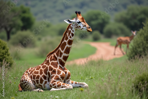 An individual giraffe sits in the savannah.