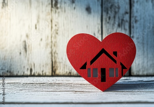 Heart-Shaped Symbol Representing Love for Home and Family, Featuring House Silhouette on Rustic Wooden Background for Real Estate and Home Improvement Promotions photo