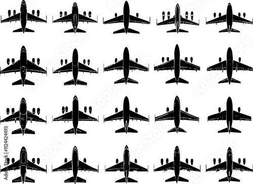 A collection of airplane silhouettes showcasing various orientations, ideal for graphic design and aviation-related projects.