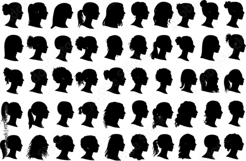 A collection of diverse female silhouettes showcasing various hairstyles in a vector format, ideal for design and illustration projects.