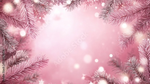 Christmas Holiday pink background, pine branches. Copy space