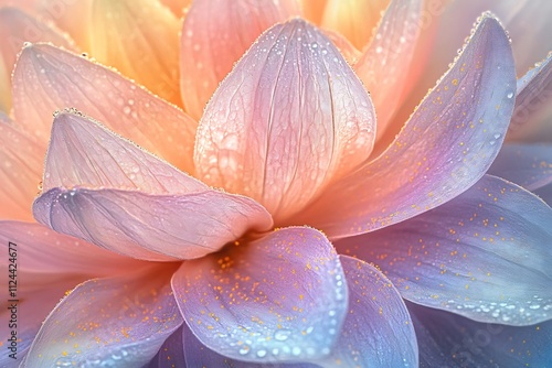 Magnified View of Delicate Dew Kissed Flower Petals in Soft Pastel Hues with Glistening Pollen Grains