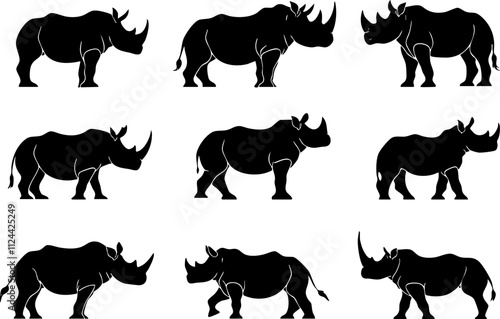 A collection of black silhouettes depicting rhinoceroses in various poses, suitable for wildlife-themed designs and illustrations.