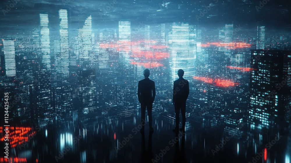 Obraz premium Futuristic business meeting urban skyline digital artwork high-tech environment aerial perspective innovation and strategy