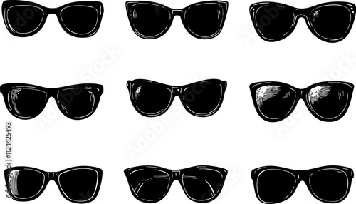 A stylish collection of various black sunglasses designs, showcasing trendy eyewear options suitable for summer and outdoor activities.