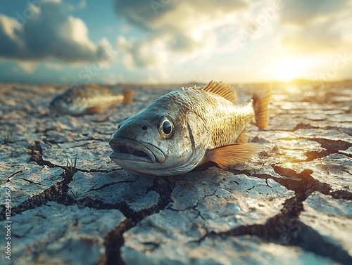 A fish stranded in a dry cracked riverbed symbolic of aquatic habitat loss due to global warming photo