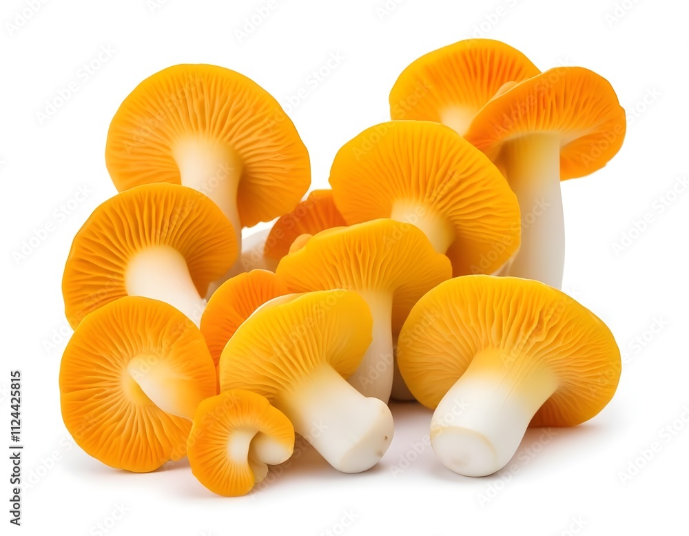 Sliced white button mushrooms , with their distinctive wavy, trumpet-shaped caps and bright yellow-orange color Sliced white button mushrooms , with their distinctive wavy, trumpet-shaped caps and bright yellow-orange color