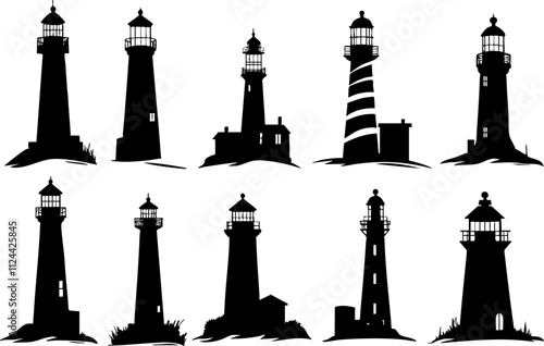 A collection of ten lighthouse silhouettes, showcasing various designs and styles, perfect for nautical-themed projects.