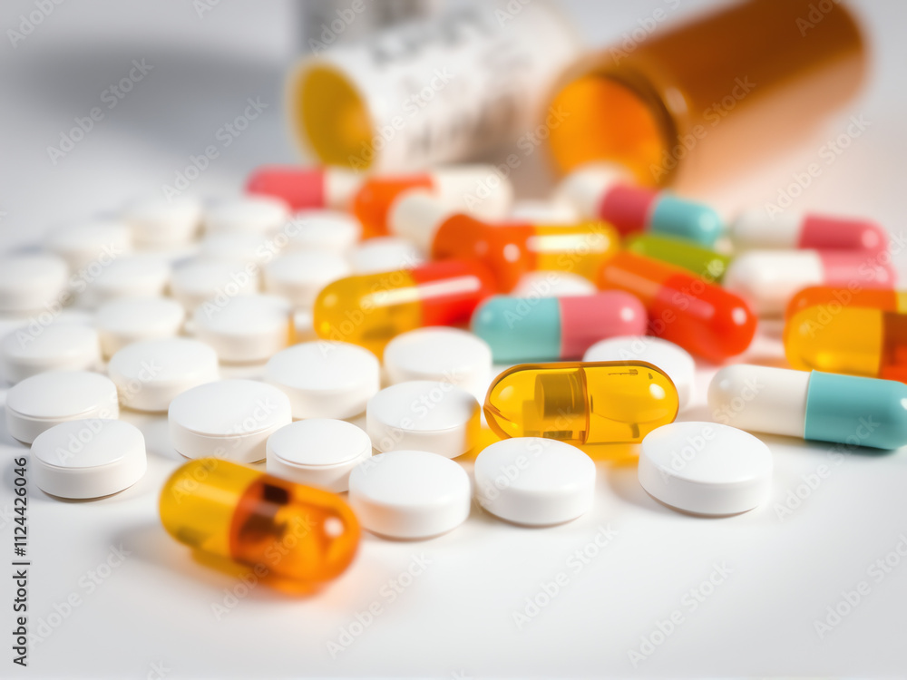 Pills and capsules scattered on a clean white surface, showcasing various shapes and colors. Pills and capsules scattered on a clean white surface, showcasing various shapes and colors.