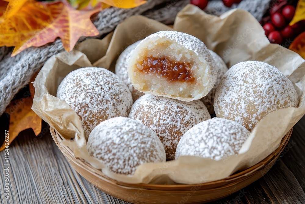 Japanese daifuku (mochi filled with red bean) arranged in a circular tray, with festive decorations.