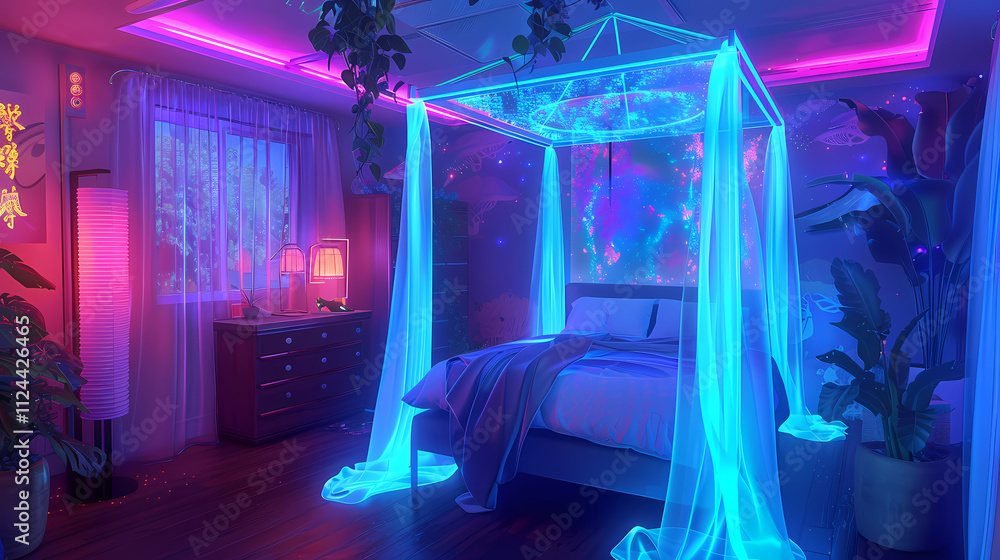 Neon Dreams Bedroom: A cozy and inviting bedroom with a four poster bed draped in ethereal neon blue and purple lighting, creating a dreamy and magical atmosphere. The room is adorned with plants. Neon Dreams Bedroom: A cozy and inviting bedroom with a four poster bed draped in ethereal neon blue and purple lighting, creating a dreamy and magical atmosphere. The room is adorned with plants.