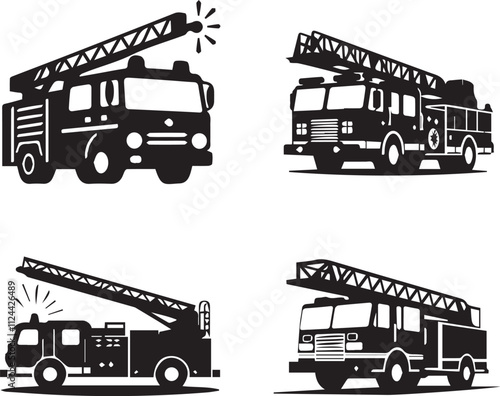 Silhouette Set of Fire Trucks with Ladders - Vector Illustration