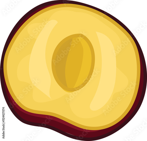 Illustration of a sliced plum purple exterior and a golden-yellow interior.