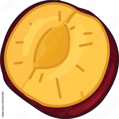 Illustration of a sliced plum purple exterior and a golden-yellow interior.