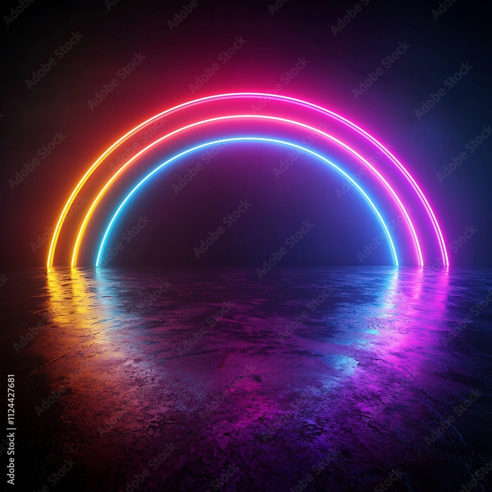 Glowing Neon Rainbow Arch Reflecting in Water on Black Background Glowing Neon Rainbow Arch Reflecting in Water on Black Background