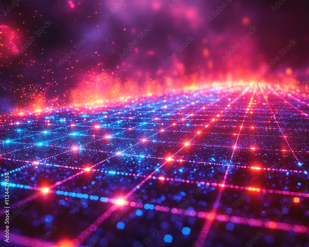 Futuristic Neon Grid Stretching Into Horizon With Glowing Blue Lines and Retro Sci Fi Atmosphere Futuristic Neon Grid Stretching Into Horizon With Glowing Blue Lines and Retro Sci Fi Atmosphere