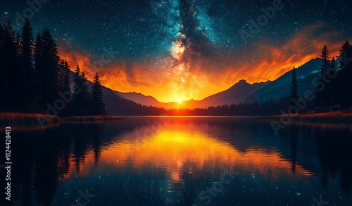 Serene Sunset Over Mountain Lake Under Starry Sky