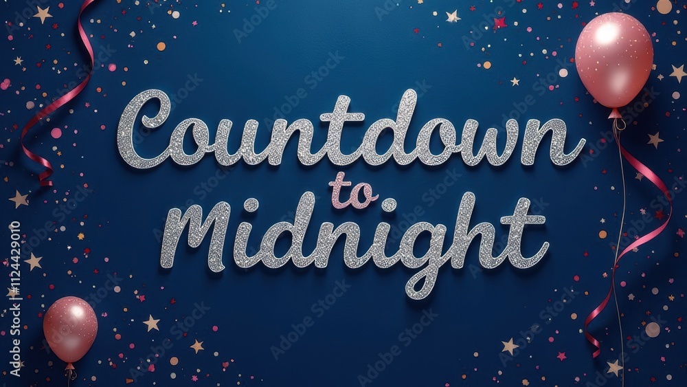 Naklejka premium Silver glitter countdown to midnight sign on blue background with balloons and confetti