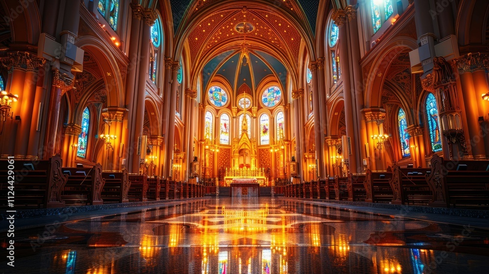Majestic church interior with stained glass windows, ornate details, and reflective floor. Majestic church interior with stained glass windows, ornate details, and reflective floor.