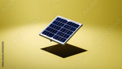 Solar panel with glossy cells on vibrant yellow, featuring soft shadow for realism.