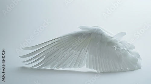 A single white feathered bird wing spread out gracefully on a plain white background.
