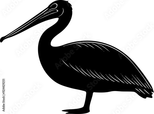 A sleek silhouette of a pelican standing gracefully, showcasing its long beak and distinctive body shape.