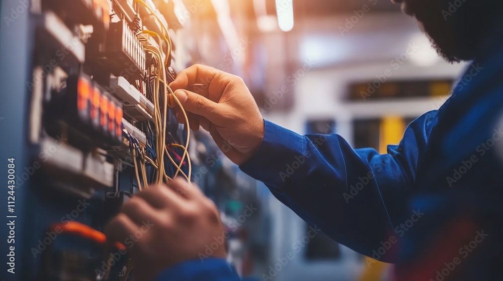 An electrician works on a complex electrical system in a building. An electrician works on a complex electrical system in a building.