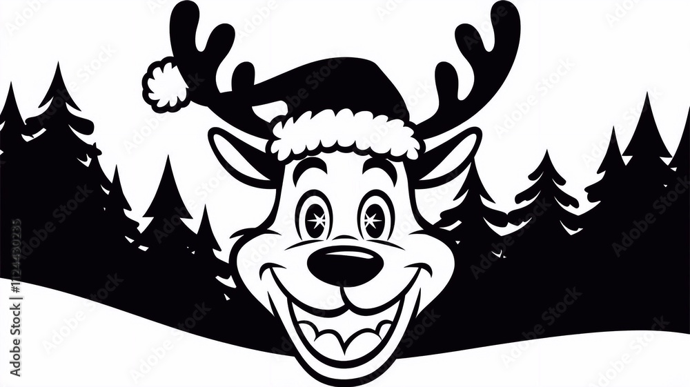 Playful Reindeer Head with Santa Hat - Black and White Vector Generative aI Playful Reindeer Head with Santa Hat - Black and White Vector Generative aI