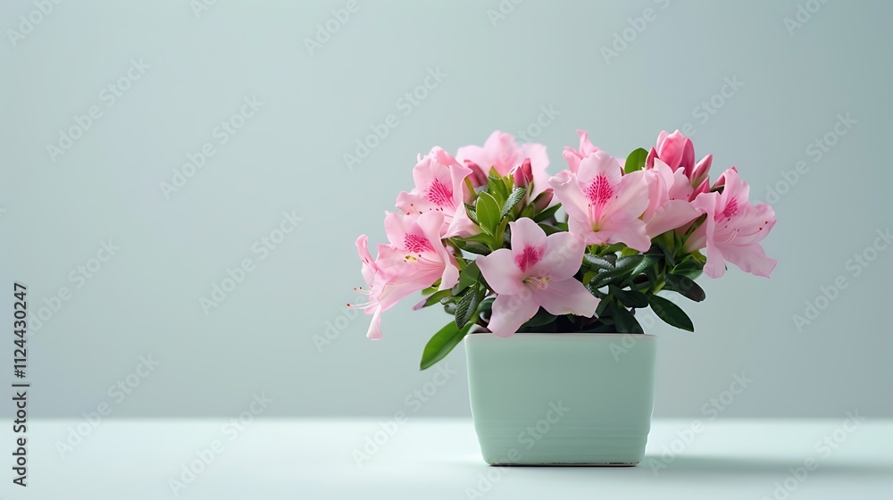 A small pink azalea in a square ceramic pot, isolated on a white background. A small pink azalea in a square ceramic pot, isolated on a white background.