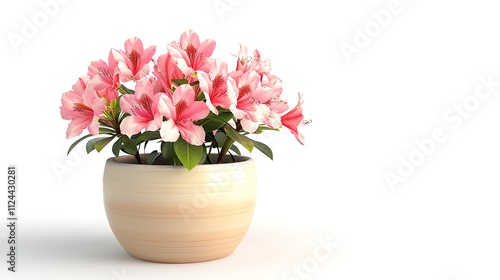 A small pink azalea in a square ceramic pot, isolated on a white background.