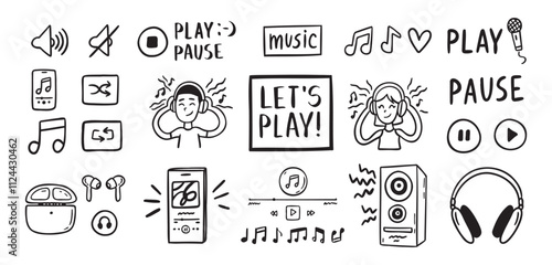 Audio music listening concept sound doodle hand drawn icon Set. Headphones interface buttons musical notes