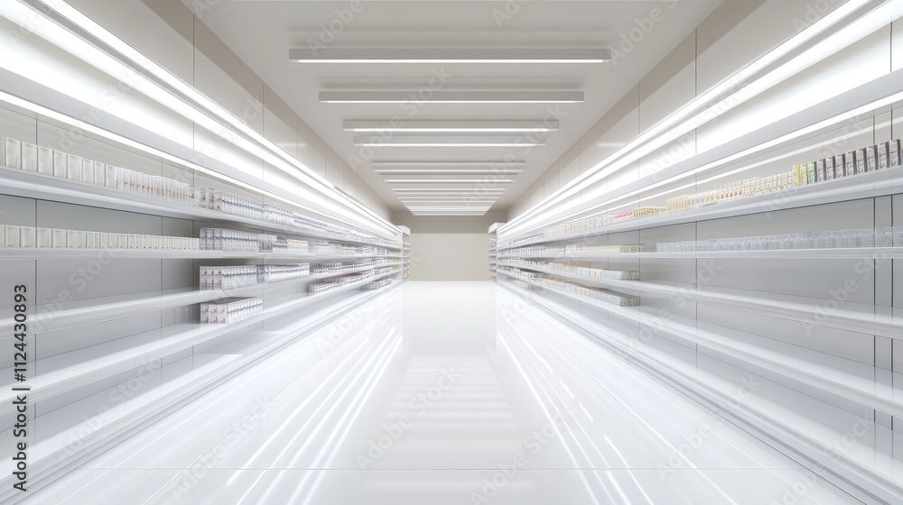 Obraz premium 3D-rendered supermarket aisle with blank goods on both sides, ideal for branding mockups.