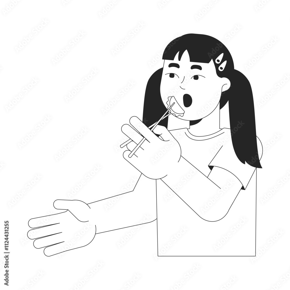 Cute chinese girl eating dumplings with chopsticks black and white 2D line character. Hungry asian kid putting jiaozi in open mouth isolated vector outline person. Monochromatic spot illustration Cute chinese girl eating dumplings with chopsticks black and white 2D line character. Hungry asian kid putting jiaozi in open mouth isolated vector outline person. Monochromatic spot illustration