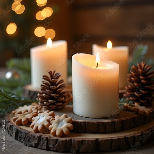 White Christmas candle on rustic wooden boards - Decoration with natural elements, twigs, pine cones and cookies - First Advent Sunday , Advent banner, panorama with magic bokeh lihgts