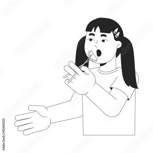 Cute chinese girl eating dumplings with chopsticks black and white 2D line character. Hungry asian kid putting jiaozi in open mouth isolated vector outline person. Monochromatic spot illustration
