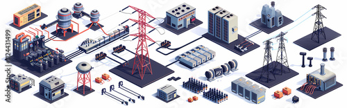 Isometric Power Grid: A detailed isometric illustration of a complex power grid, showcasing various components like power plants, substations, transmission lines, and other infrastructure elements.