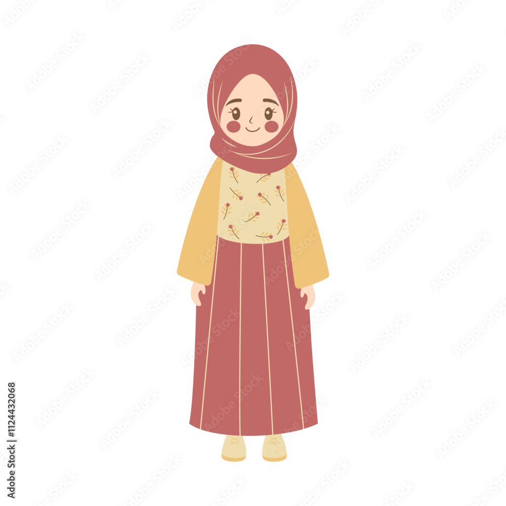 Cute Pretty Muslim Girl Cartoon Character Wearing Hijab and Fashion Outfit While Smiling Cute Pretty Muslim Girl Cartoon Character Wearing Hijab and Fashion Outfit While Smiling