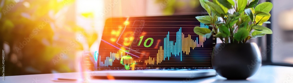 Fototapeta premium Business Growth Analysis with Chart on Laptop and Potted Plant