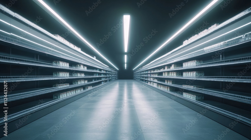 A haunting image of empty supermarket shelves under harsh, bright lighting. A haunting image of empty supermarket shelves under harsh, bright lighting.