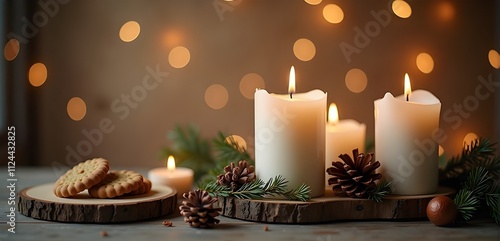 White Christmas candle on rustic wooden boards - Decoration with natural elements, twigs, pine cones and cookies - First Advent Sunday , Advent banner, panorama with magic bokeh lihgts