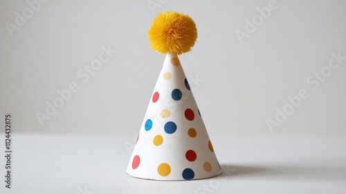 Colorful polka dot party hat with yellow pompom.