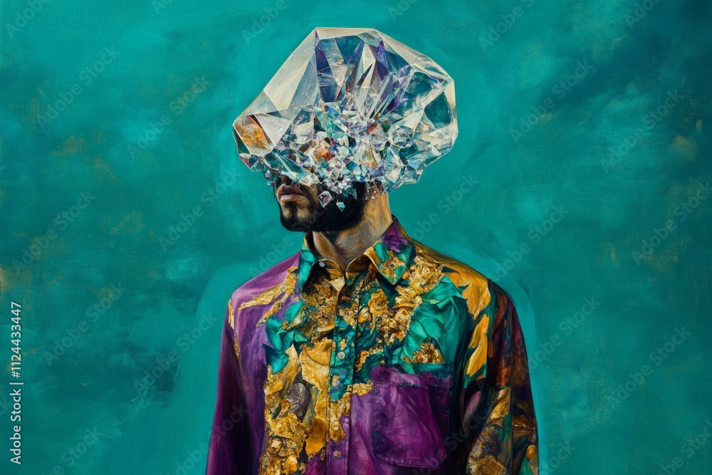 Fototapeta premium Artistic Portrait of a Man with a Crystal Headpiece Against a Vibrant Teal Background - Surreal Fashion and Unique Conceptual Art