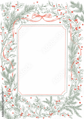 Beautiful Christmas frame in old vintage retro style. Ready to use Xmas clip art. Hand drawn new year print for invitation cards. photo