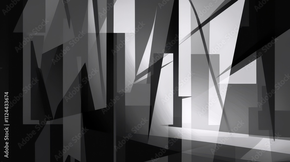 Abstract grayscale geometric shapes, sharp angles, overlapping layers ...