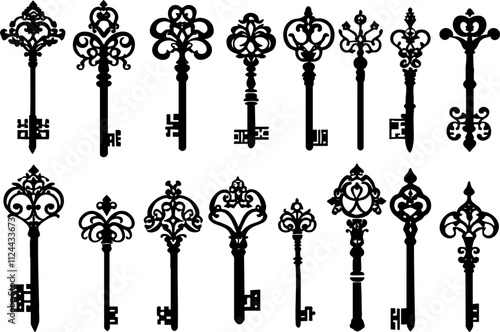 A collection of vintage ornate key silhouettes, perfect for design projects, crafts, or decorative purposes.