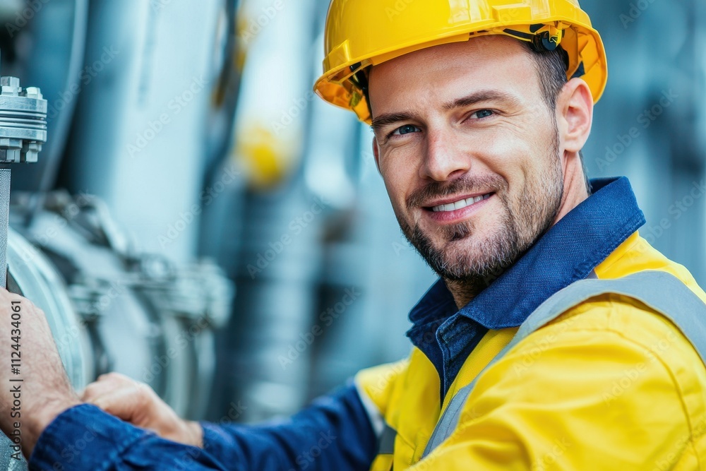 Smiling Male Worker in Yellow Hard Hat and Safety Gear at Site Smiling Male Worker in Yellow Hard Hat and Safety Gear at Site
